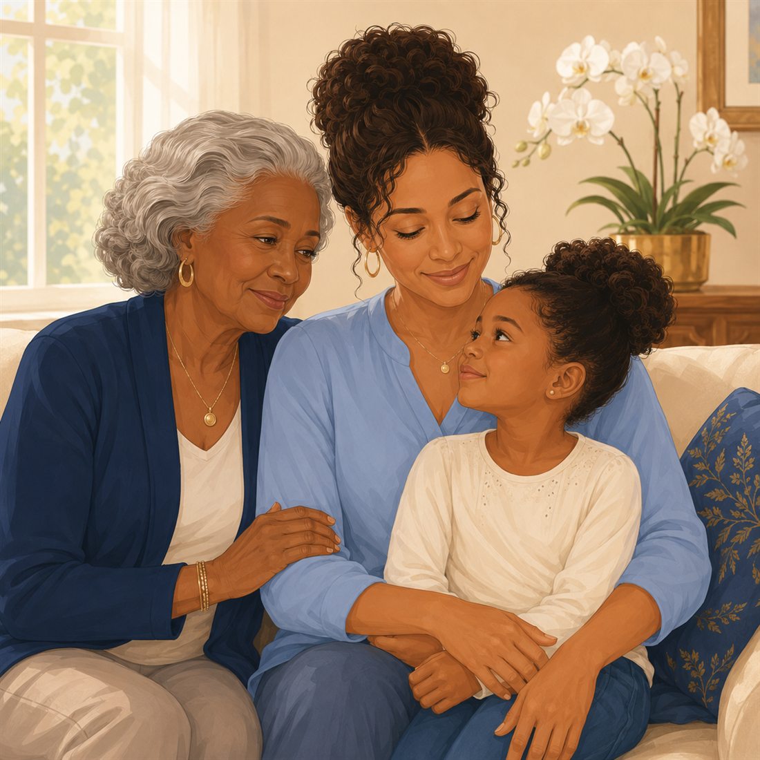Three generations of a family sitting close together at home, at ease with one another.