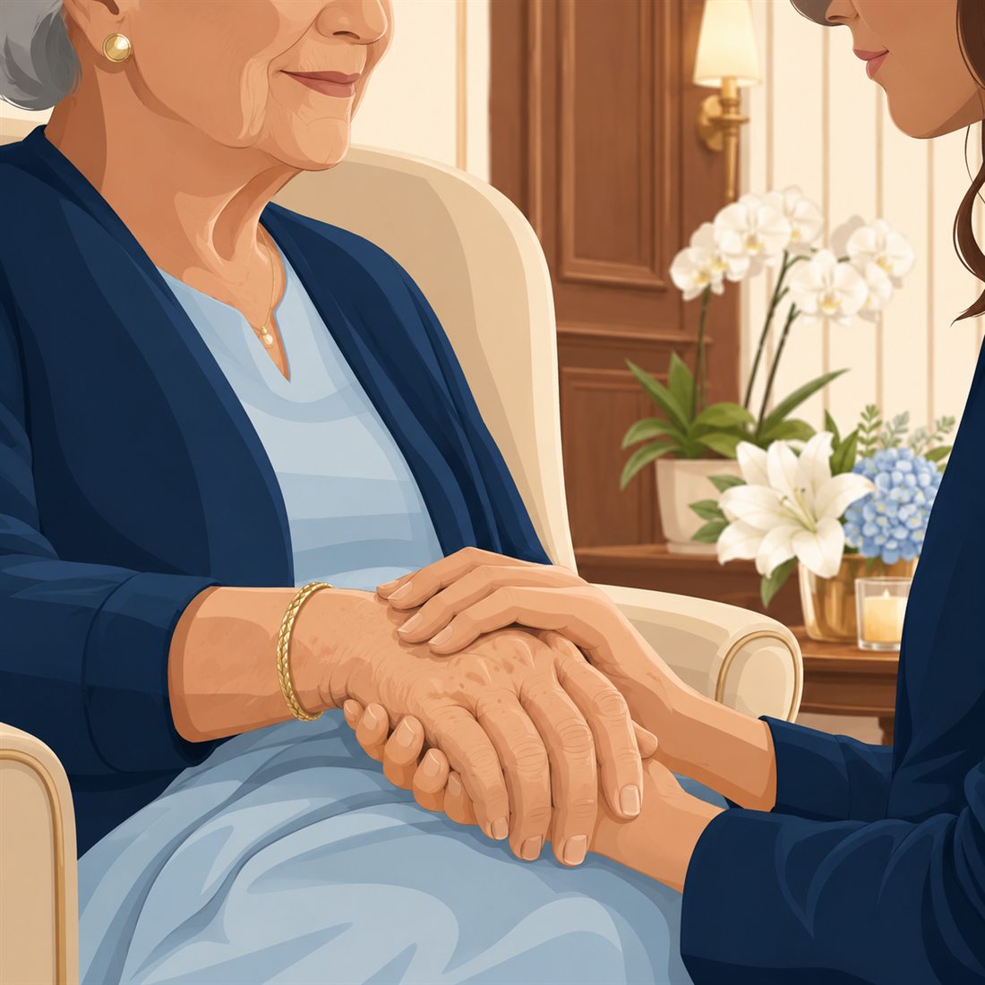 A younger person gently holding the hands of a seated elder in a warm, quiet room.