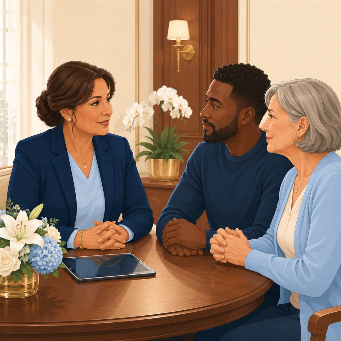 A funeral director sitting with a family at the arrangement table, listening with care.